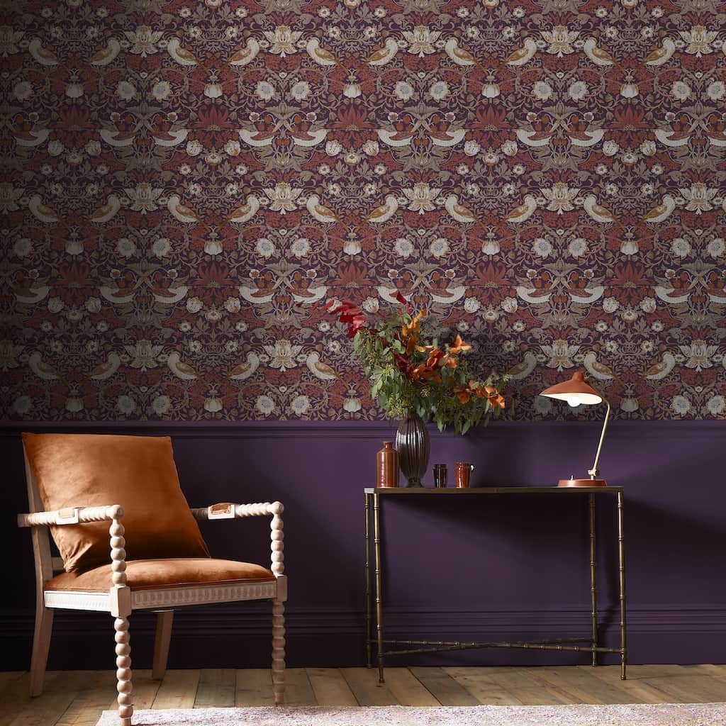 - William Morris At Home Strawberry Thief Plum Wallpaper - 124229 - Decor Warehouse