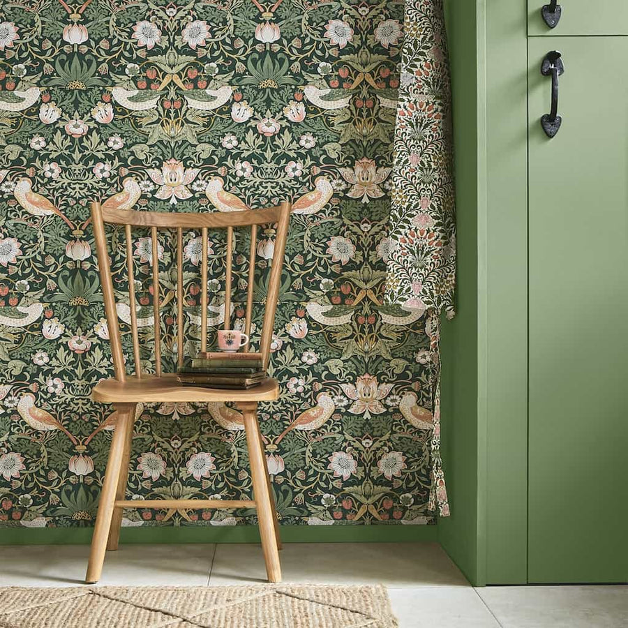  - William Morris At Home Strawberry Thief Rich Green Wallpaper - 124234 - Decor Warehouse