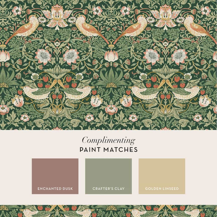  - William Morris At Home Strawberry Thief Rich Green Wallpaper - 124234 - Decor Warehouse