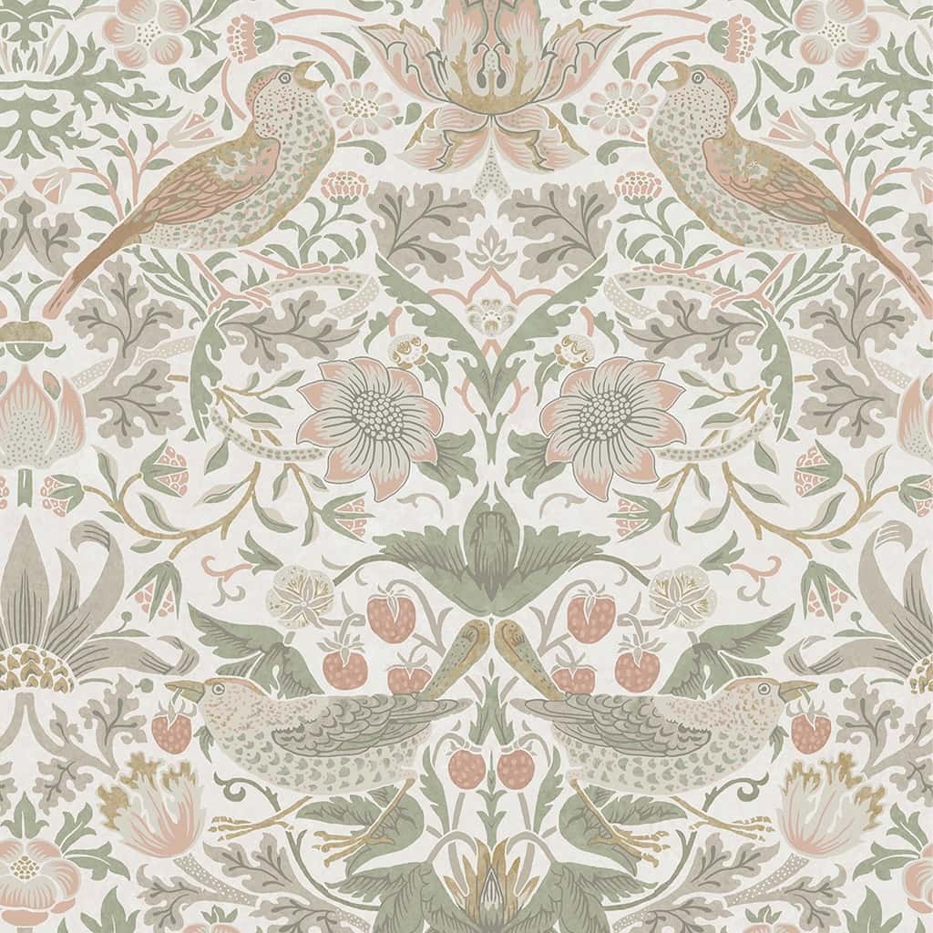 124233 - William Morris Wallpaper - William Morris At Home Strawberry Thief Sage & Pink Wallpaper - Decor Warehouse