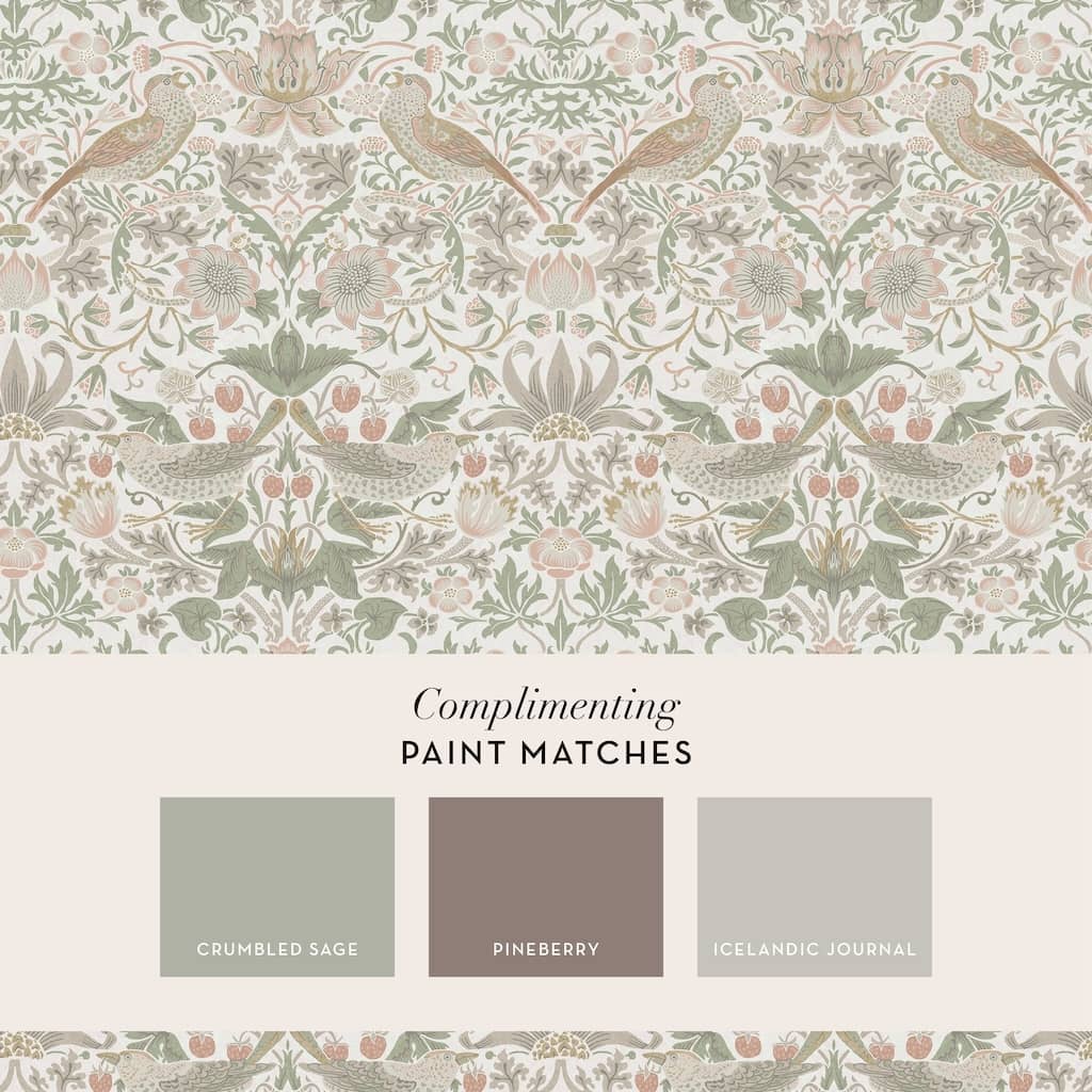  - William Morris At Home Strawberry Thief Sage & Pink Wallpaper - 124233 - Decor Warehouse