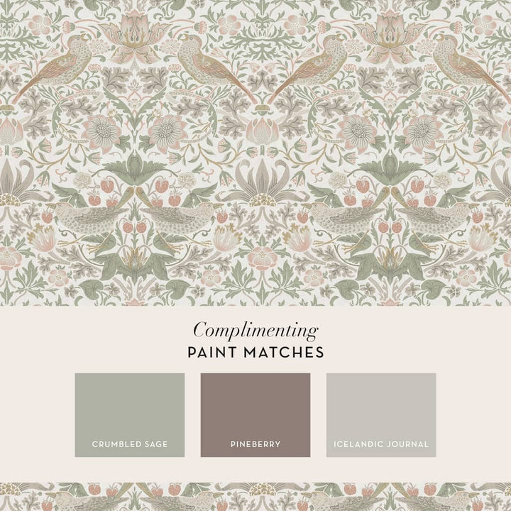  - William Morris At Home Strawberry Thief Sage & Pink Wallpaper - 124233 - Decor Warehouse