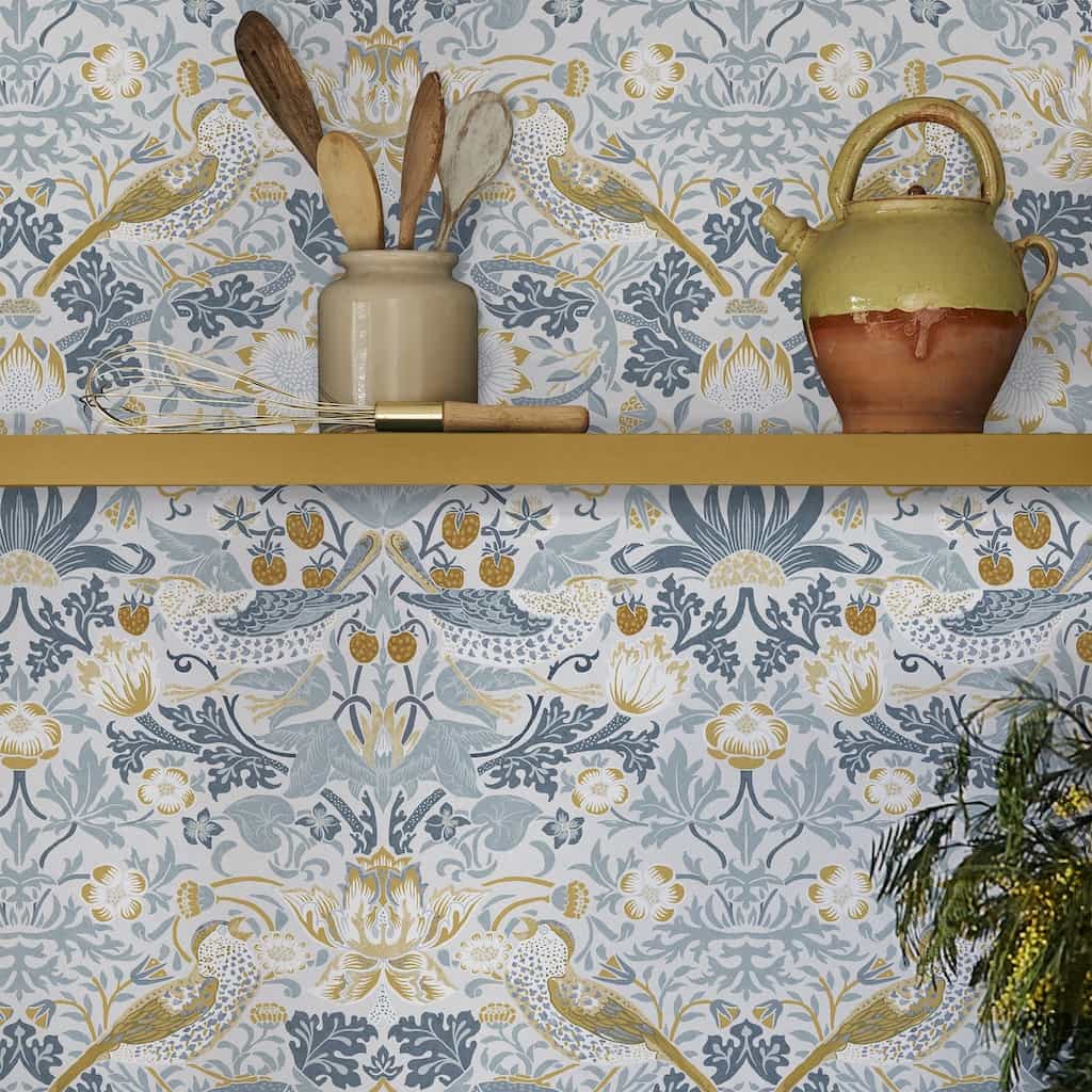 William Morris At Home Strawberry Thief Soft Blue Wallpaper kitchen roomset