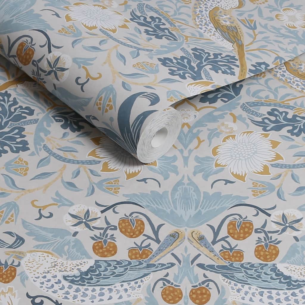 William Morris At Home Strawberry Thief Soft Blue Wallpaper Roll