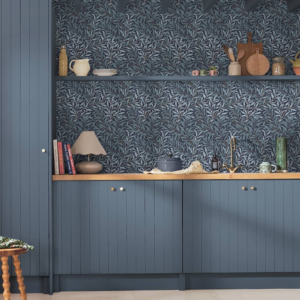 William Morris At Home Willow Bough Deep Blues Wallpaper decorated in a kitchen - Decor Warehouse
