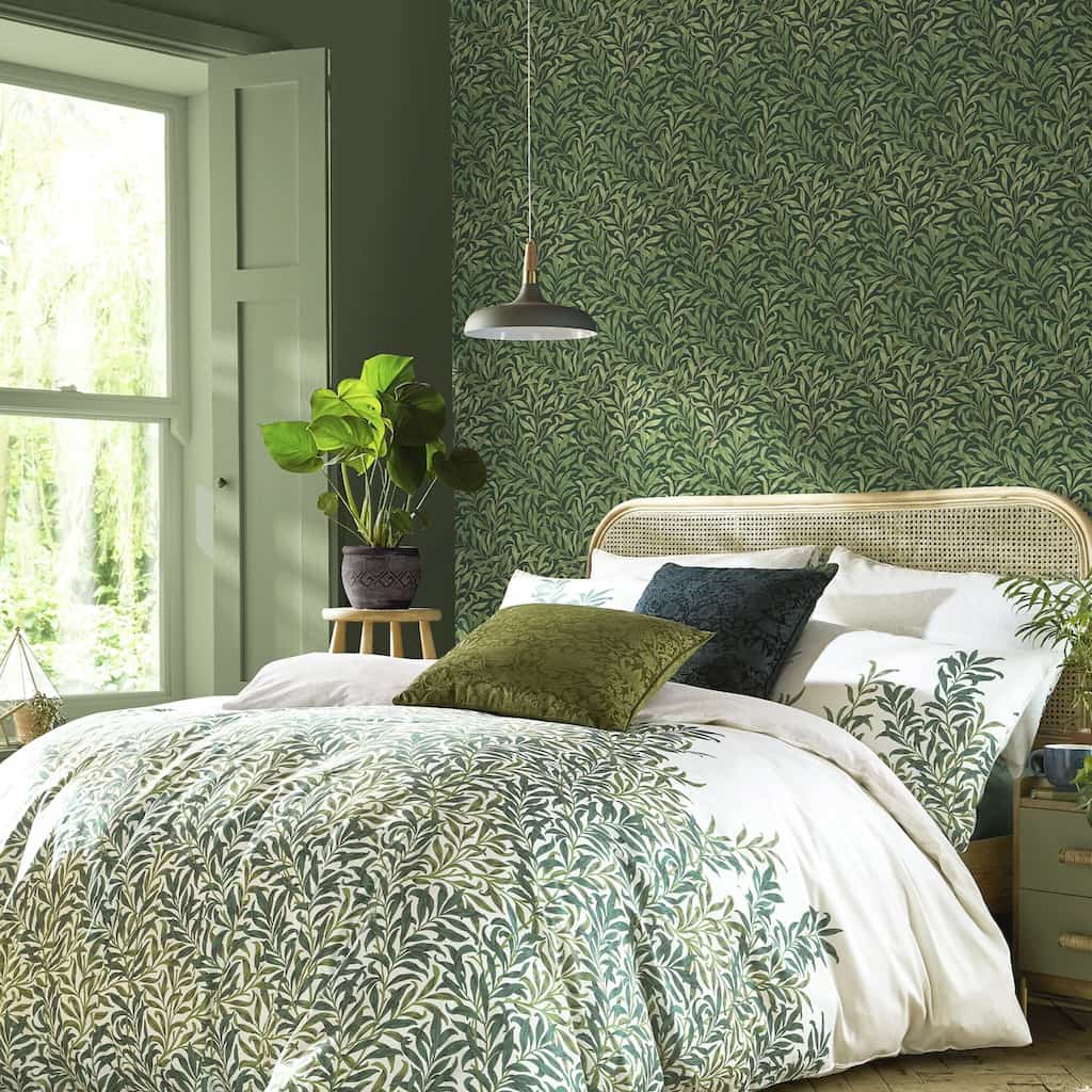 William Morris At Home Willow Bough Green Wallpaper in a Bedroom