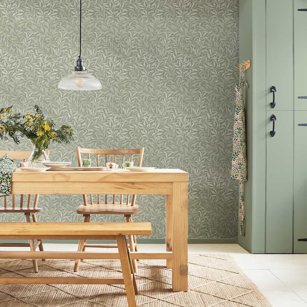 William Morris At Home Willow Bough Sage Wallpaper in a Kitchen room setting- 124248 Decor Warehouse