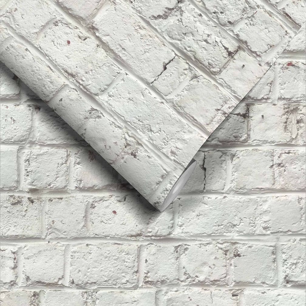 Woodchip & Magnolia Cracked Painted White Brick Wallpaper - WM - 107