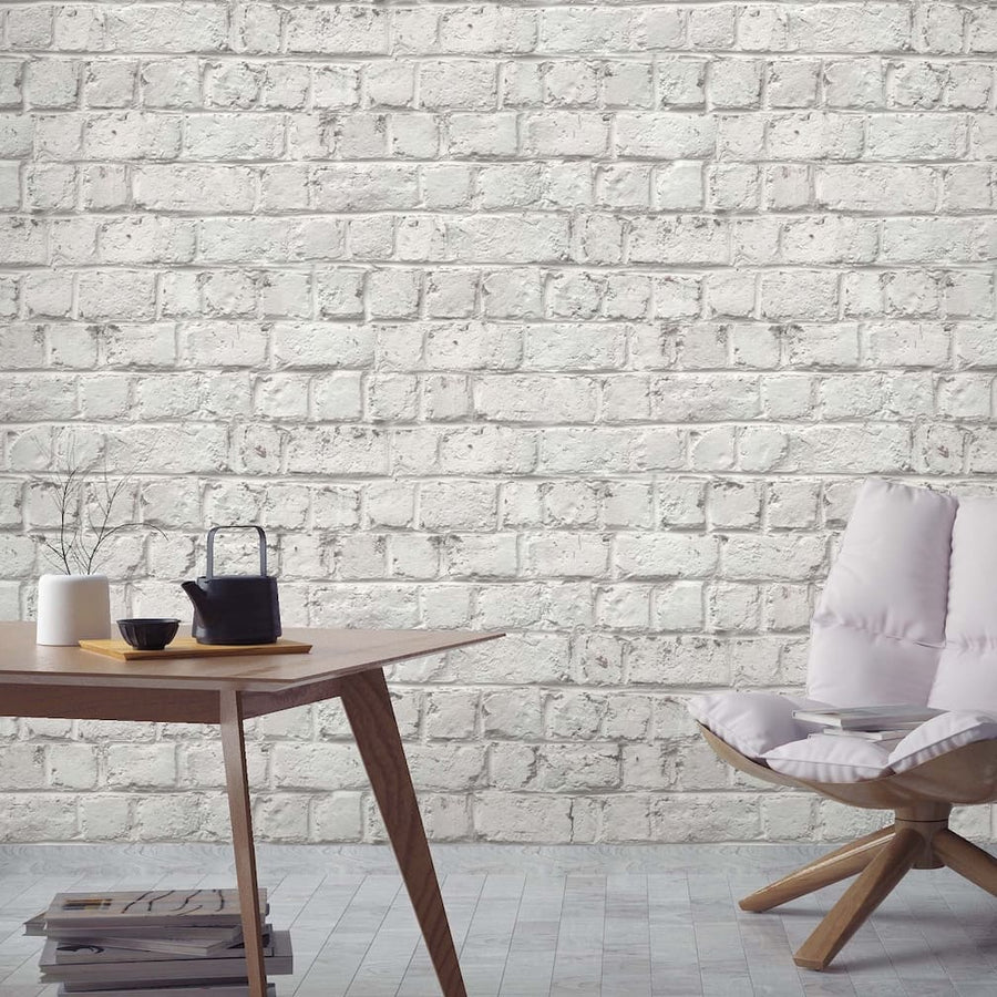 Woodchip & Magnolia Cracked Painted White Brick Wallpaper - WM - 107