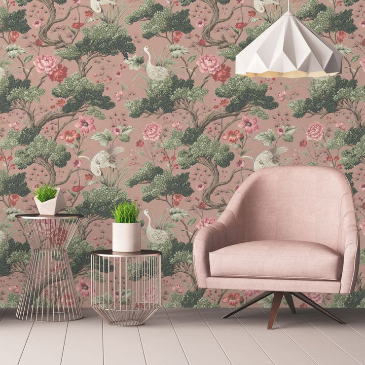 Woodchip & Magnolia Crane Bird Vintage Pink Wallpaper - WM-120