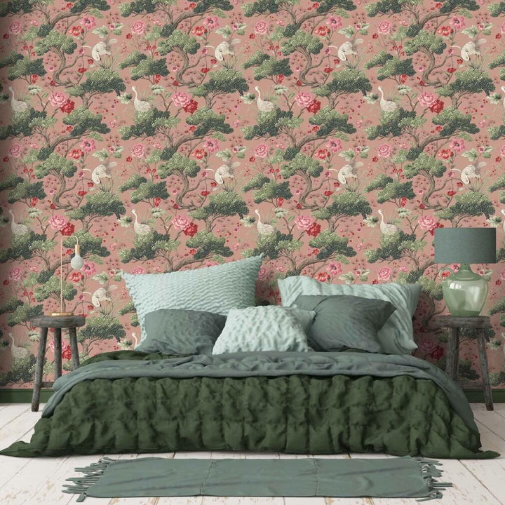 Woodchip & Magnolia Crane Bird Vintage Pink Wallpaper Bedroom
