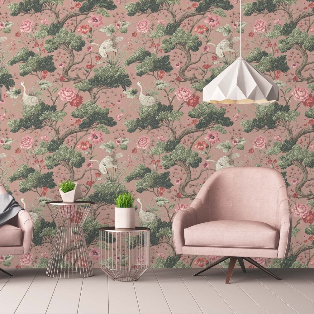 Woodchip & Magnolia Crane Bird Vintage Pink Wallpaper - WM-120