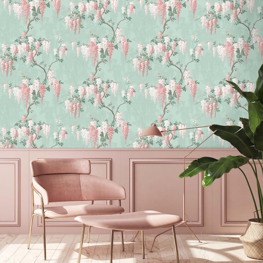 Woodchip & Magnolia Wisteria Botanical Mint Wallpaper - WM-402-02R