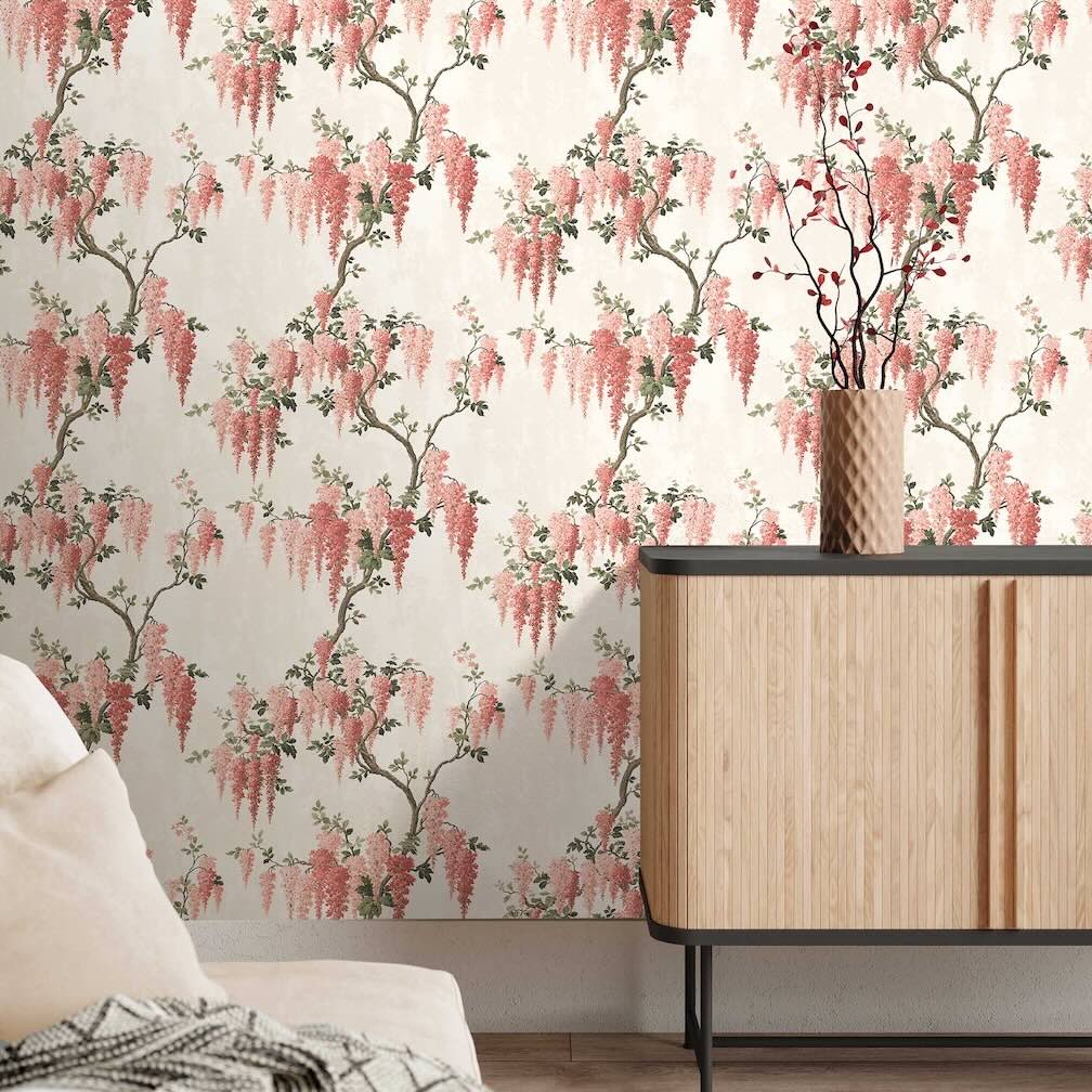 Woodchip & Magnolia Wisteria Coral Floral Wallpaper - WM-219R