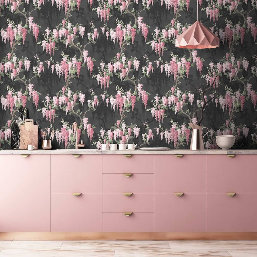 Woodchip & Magnolia Wisteria Noir Black Wallpaper - WM-224R