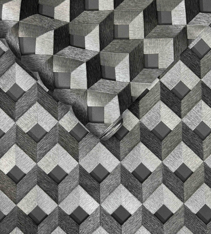  - 3D Stitched Cube Geo Black & Silver Wallpaper - DE120133 - Decor Warehouse