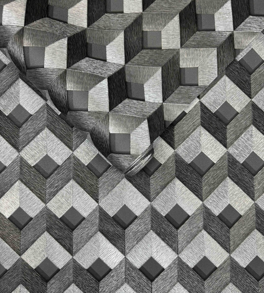  - 3D Stitched Cube Geo Black & Silver Wallpaper - DE120133 - Decor Warehouse