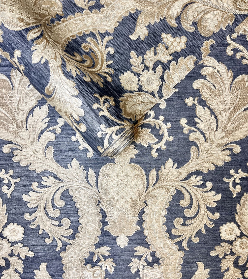 JC1007-9-Decor Warehouse-Ascot Blue & Gold Damask Wallpaper-Decor Warehouse