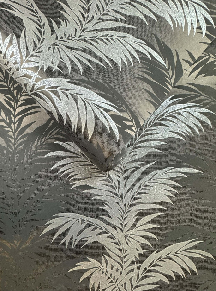  - Belgravia Palm Glitter Wallpaper Black Silver - 4663 - Decor Warehouse