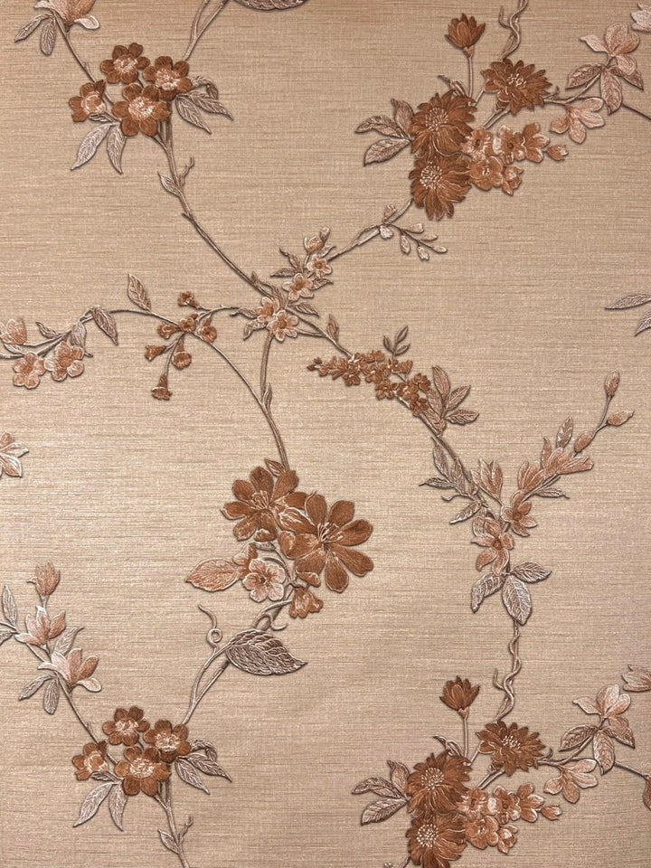 - Brown Floral Vinyl Wallpaper - FT221217 - Decor Warehouse