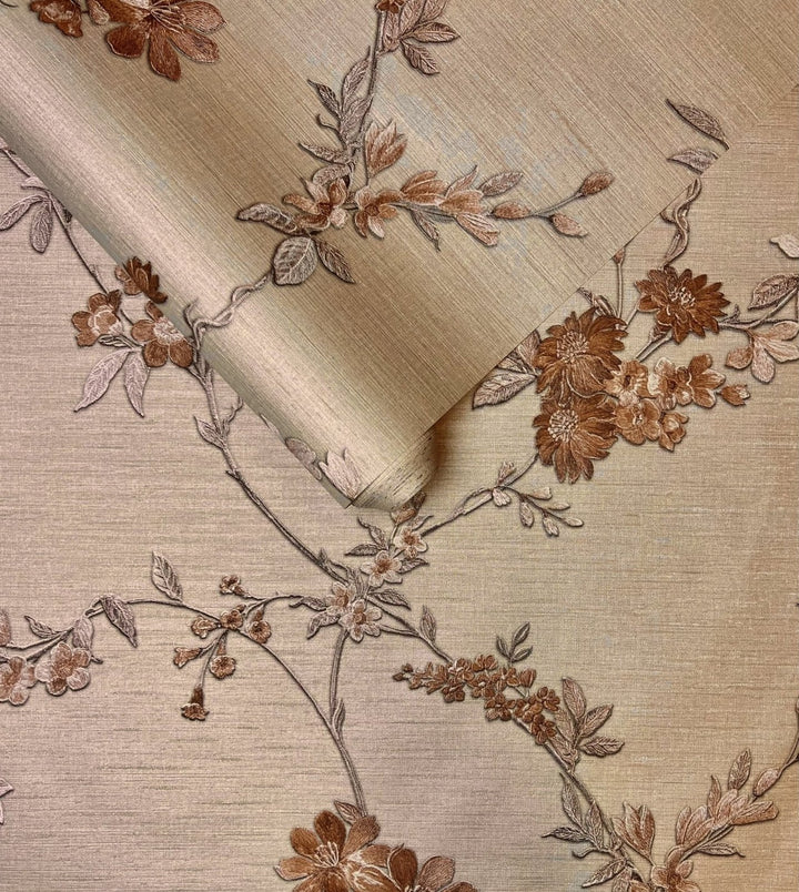  - Brown Floral Vinyl Wallpaper - FT221217 - Decor Warehouse