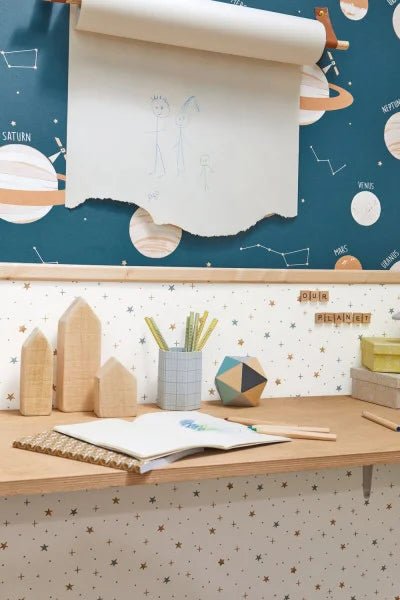  - Caselio Our Planet Universe Denim Blue & Beige Wallpaper - 101906011 - Decor Warehouse