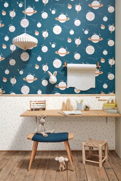  - Caselio Our Planet Universe Denim Blue & Beige Wallpaper - 101906011 - Decor Warehouse