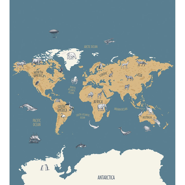  - Caselio Our Planet World Map Blue / Beige Wall Mural - 102032066 - Decor Warehouse