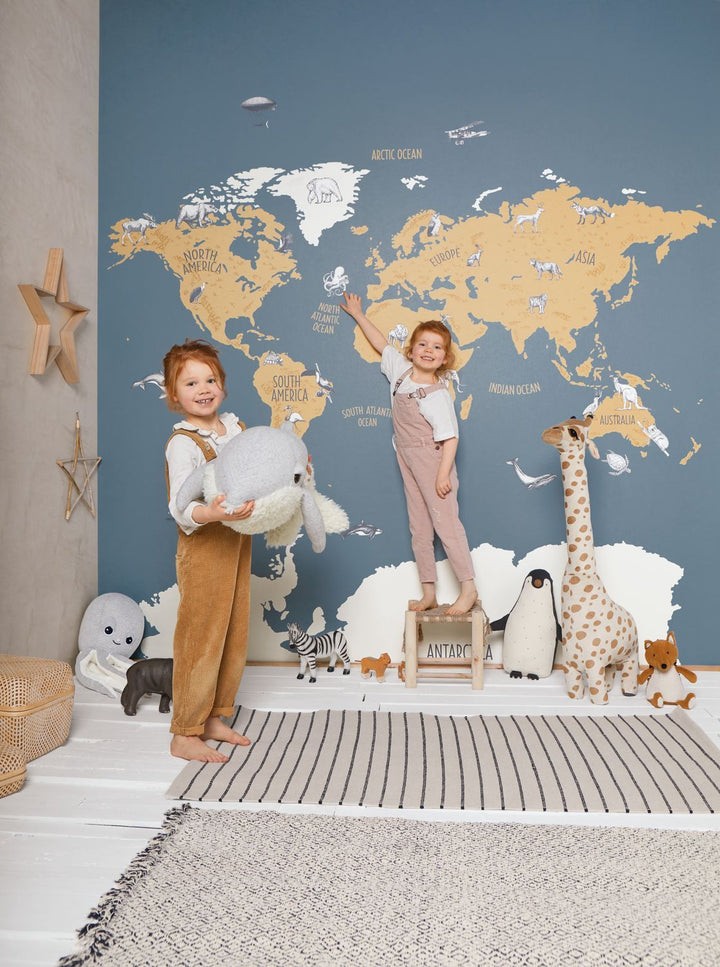  - Caselio Our Planet World Map Blue / Beige Wall Mural - 102032066 - Decor Warehouse
