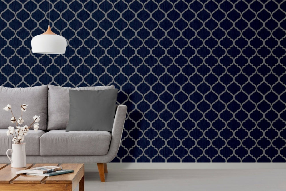  - Crystal Trellis Wallpaper - Blue / Silver - 8894 - Decor Warehouse