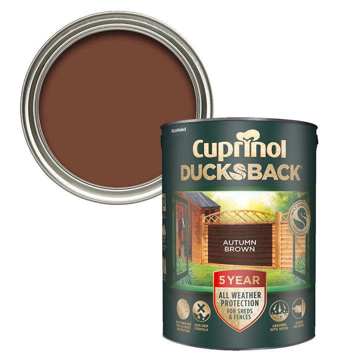  - Cuprinol Ducksback Fence & Shed Paint - Autumn Brown 5L - 5092442 - Decor Warehouse