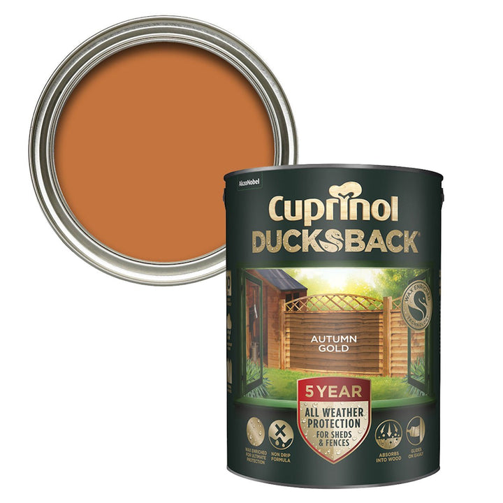  - Cuprinol Ducksback Fence & Shed Paint - Autumn Gold 5L - 5111363 - Decor Warehouse