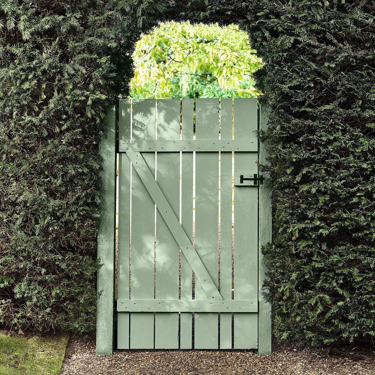 Cuprinol Ducksback Fence & Shed Paint - Delicate Pine 5L - 5701413 - Decor Warehouse - Image of garden wooden gate freshly painted in green.