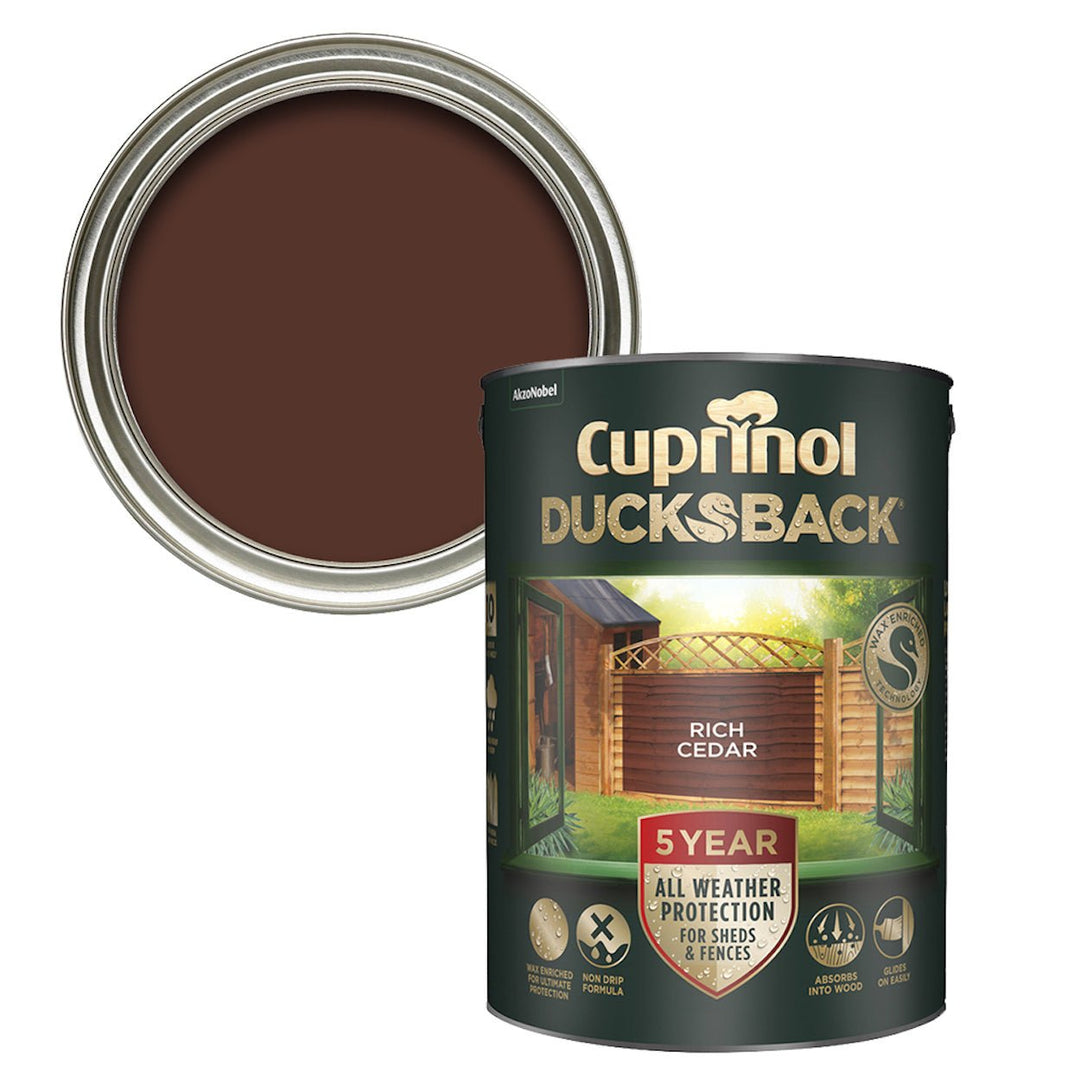 - Cuprinol Ducksback Fence & Shed Paint - Rich Cedar 5L - 5092436 - Decor Warehouse