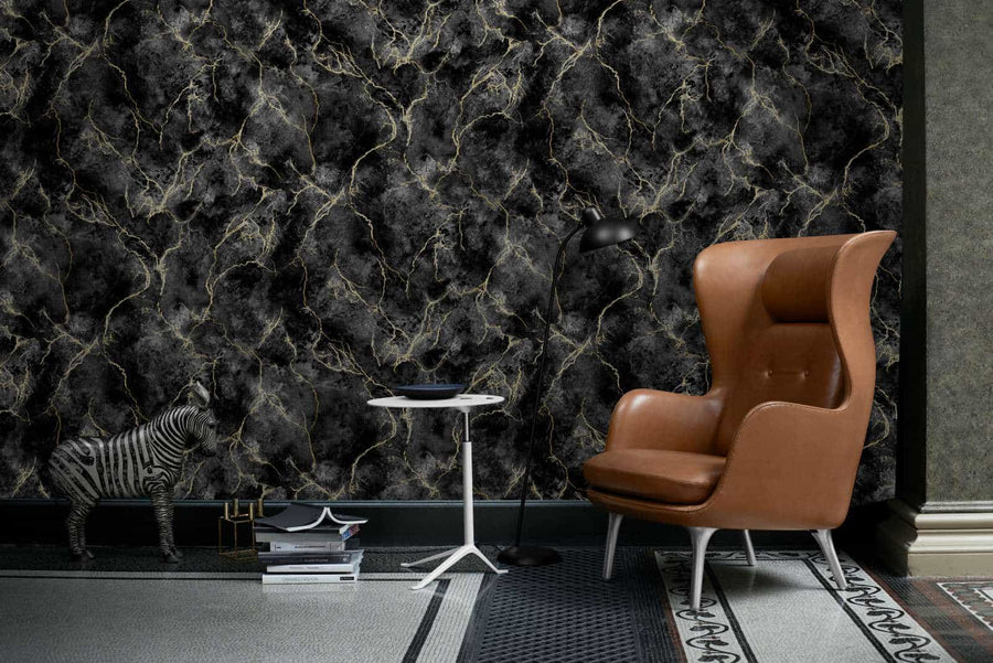  - Debona Verona Marble Black & Gold Vinyl Wallpaper - 9124 - Decor Warehouse