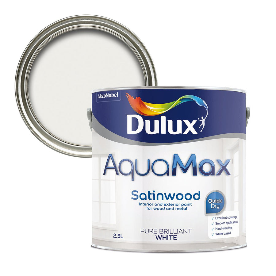  - Dulux AquaMax Satinwood Quick Dry - Pure Brilliant White Paint - 2.5L - Decor Warehouse