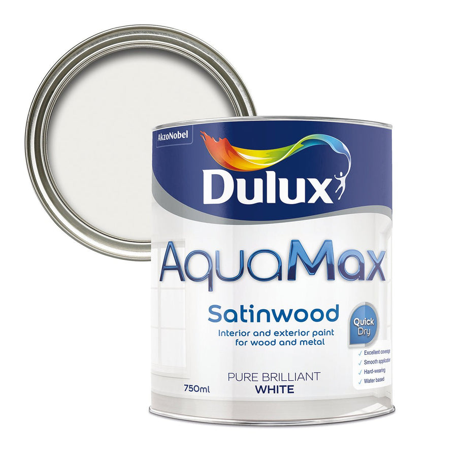  - Dulux AquaMax Satinwood Quick Dry - Pure Brilliant White Paint - 750ml - Decor Warehouse
