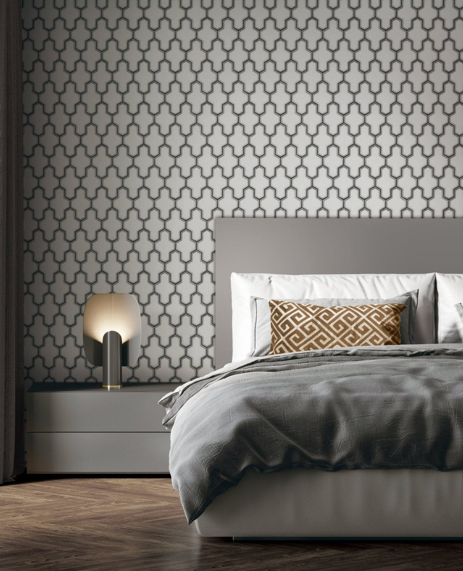 9106-Debona-Fabric Touch - White Black & Silver Trellis Wallpaper-Decor Warehouse