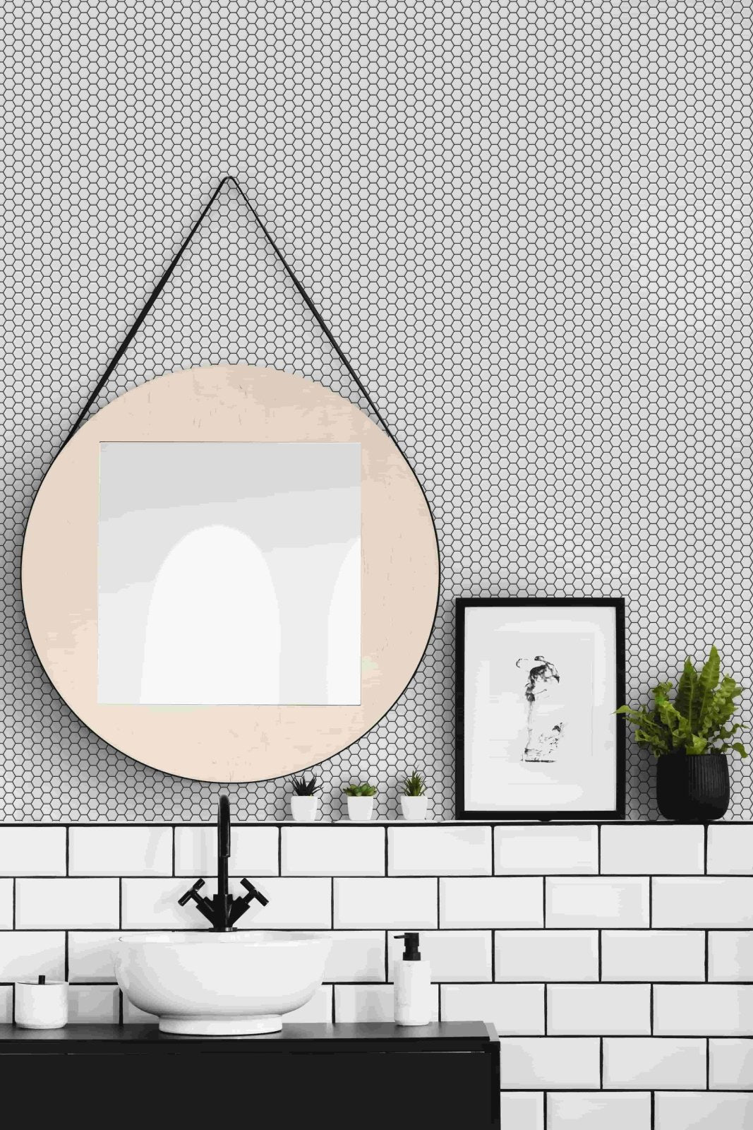 Tile effect wallpaper collection - image featuring a bathroom sink with white brick tiles behind.. white Hexagon tile effect wallpaper decorating above sink area.