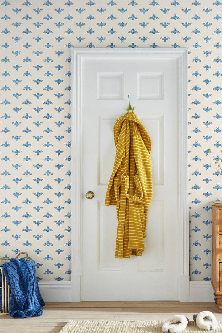  - Joules Block Print Bee Blue Haze Wallpaper - 118545 - Decor Warehouse