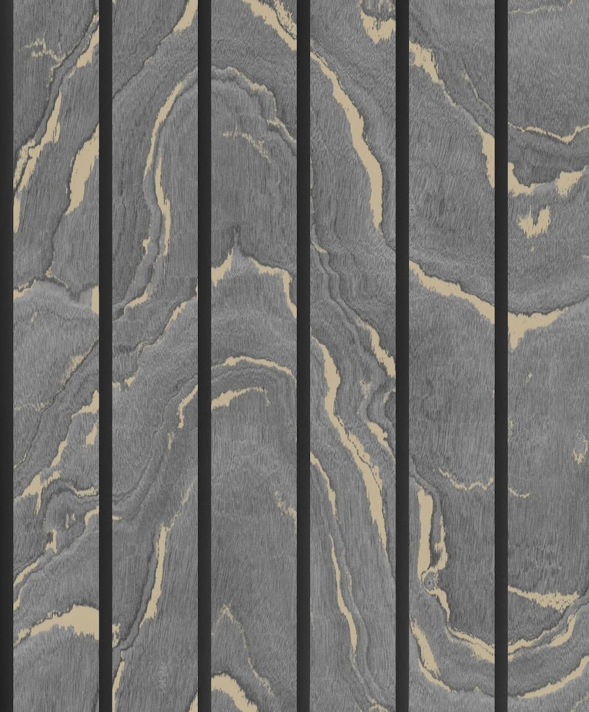 193503-Muriva-Muriva Charcoal & Gold Woodgrain Panel Wallpaper-Decor Warehouse