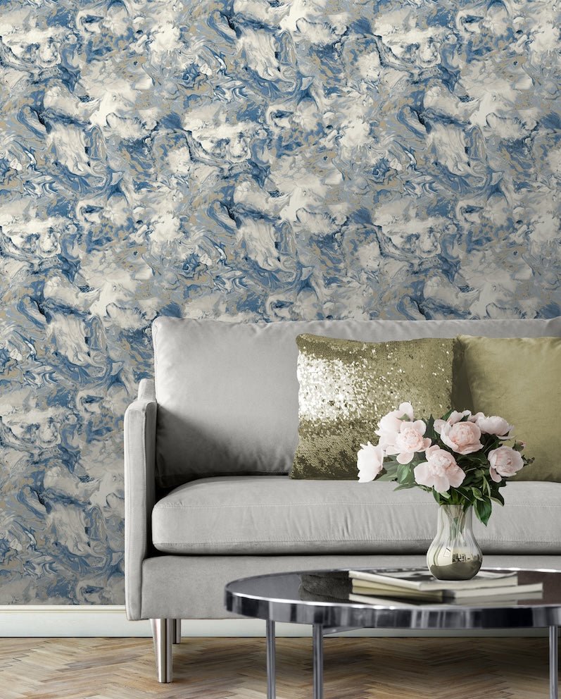  - Muriva Elixir Blue Marble Wallpaper - 166504 - Decor Warehouse