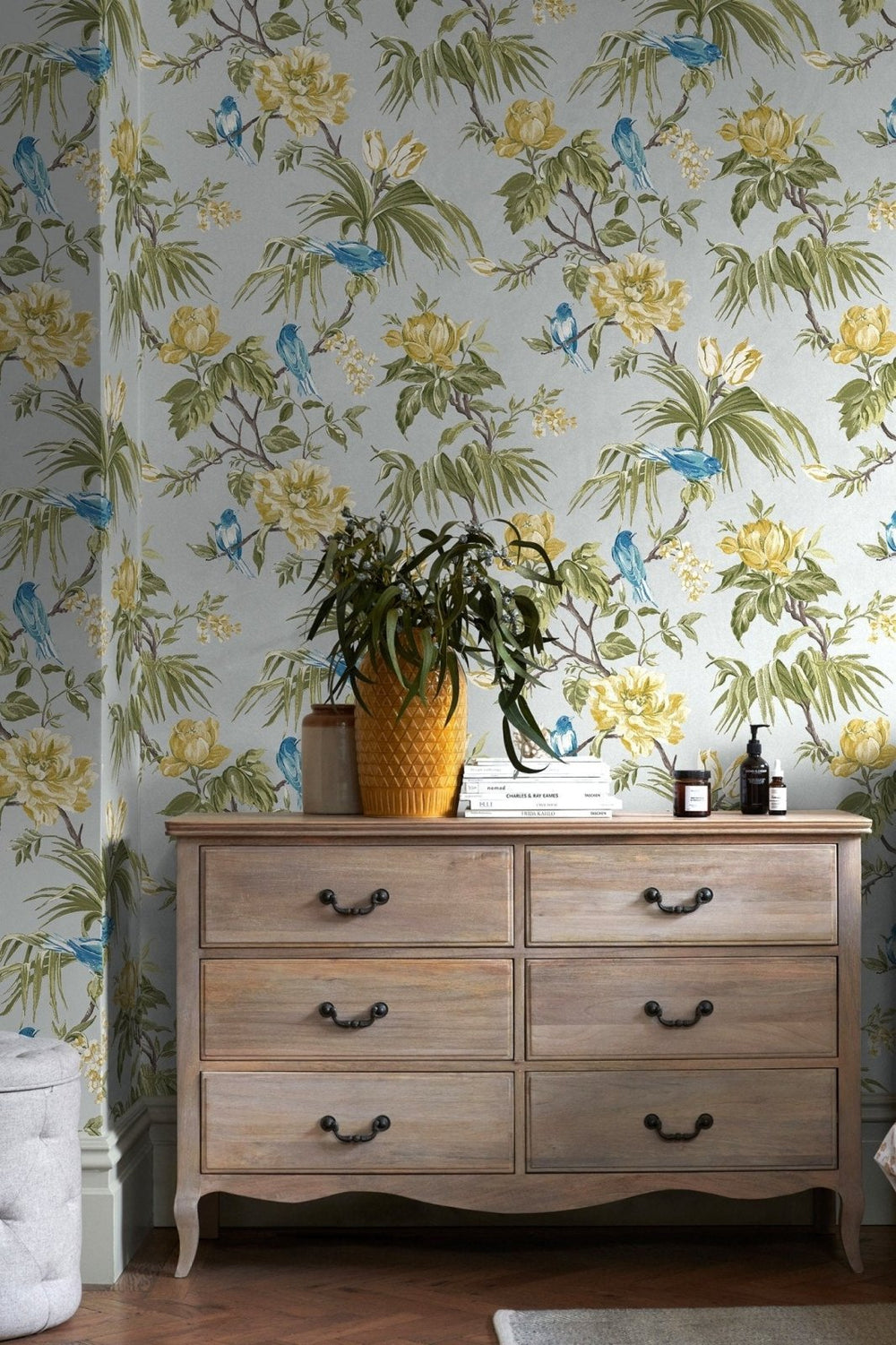 118257-Graham & Brown-Next - Birds & Blooms Grey Wallpaper-Decor Warehouse