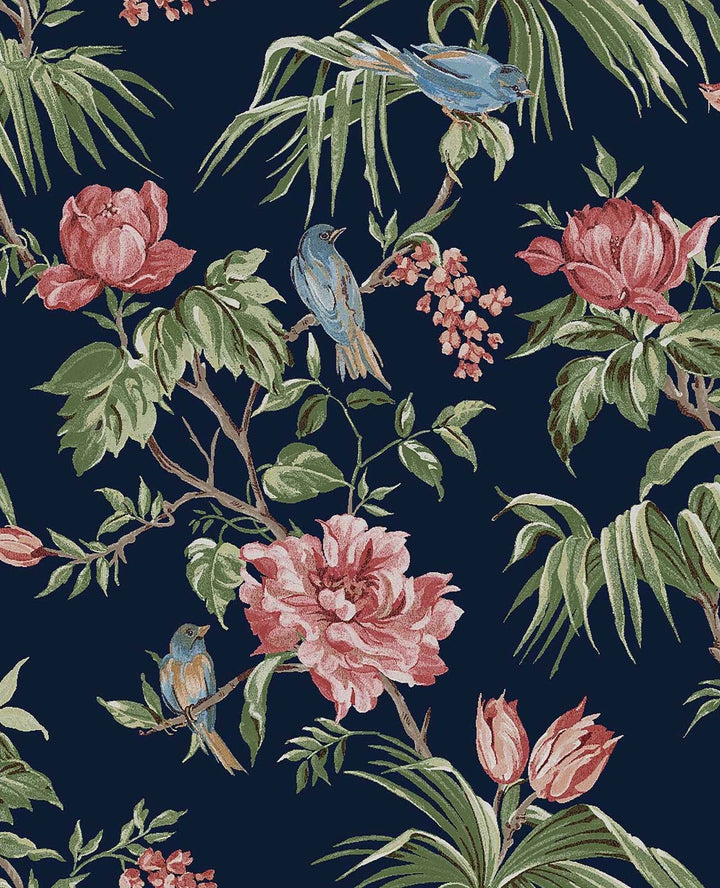 118256-Graham & Brown-Next -Birds & Blooms Navy Wallpaper-Decor Warehouse