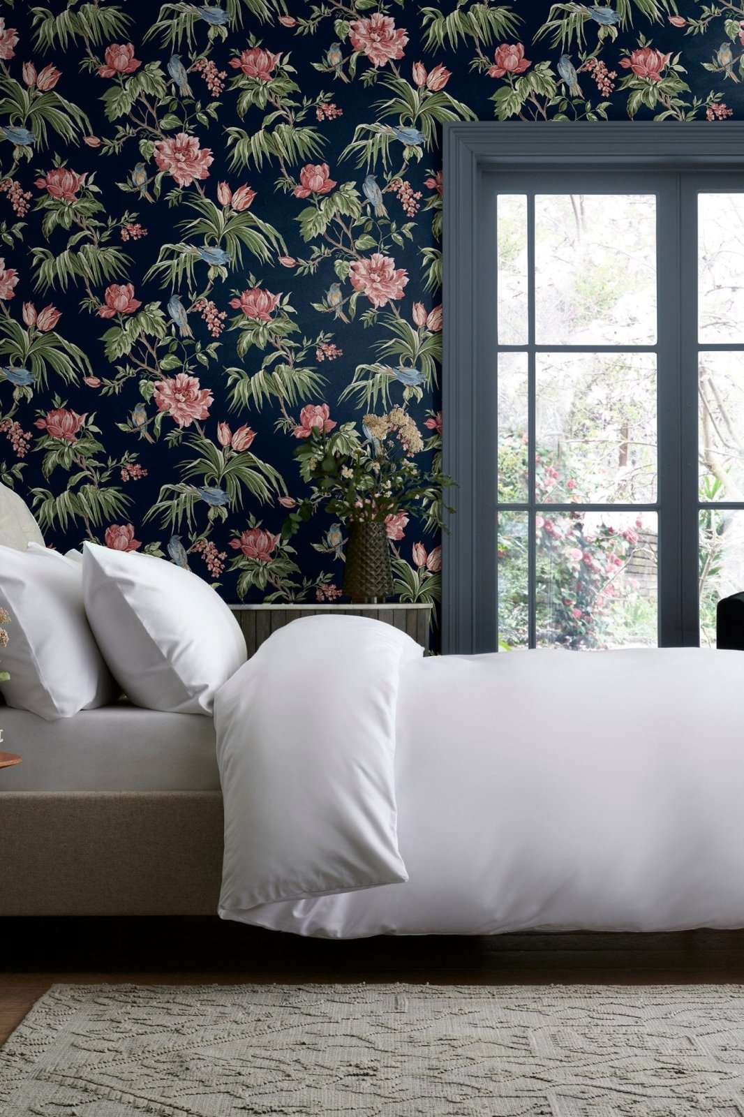 118256-Graham & Brown-Next -Birds & Blooms Navy Wallpaper-Decor Warehouse