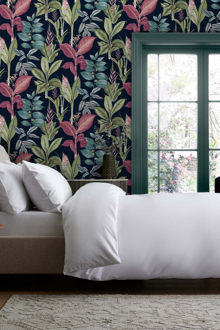 118300-Graham & Brown-Next - Fantasy Rainforest Leaves Navy Wallpaper-Decor Warehouse