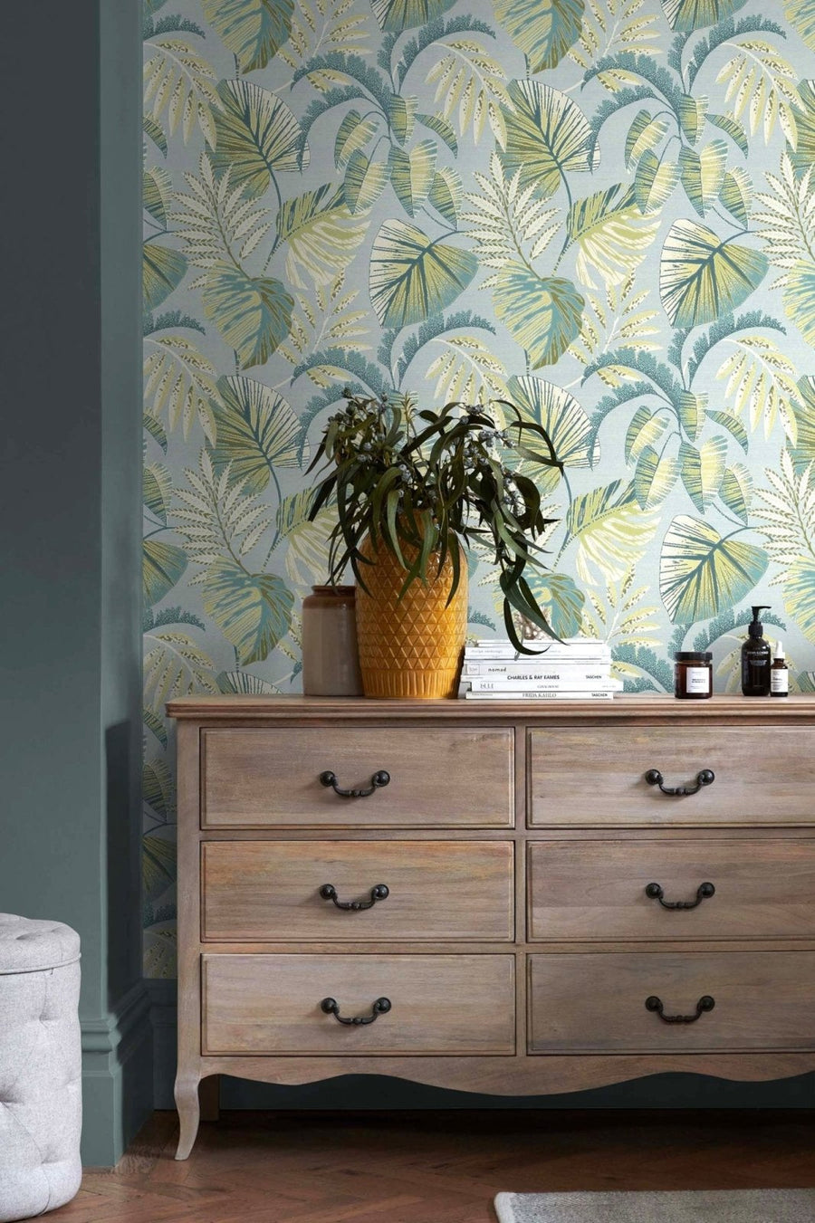 118297-Graham & Brown-Next - Jungle Leaves Duck Egg Wallpaper-Decor Warehouse
