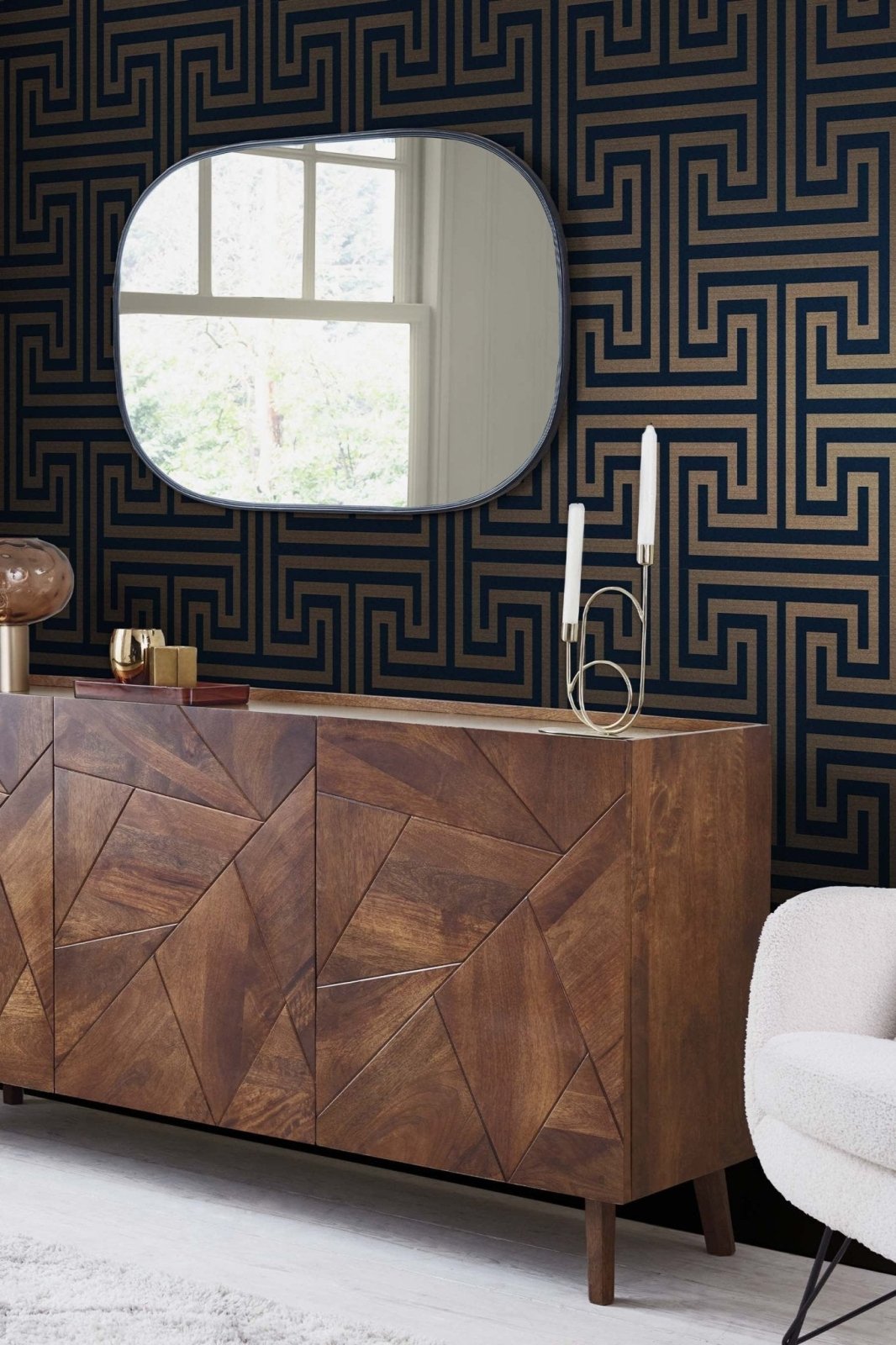 118286-Graham & Brown-Next - Metallic Greek Key Navy Wallpaper-Decor Warehouse