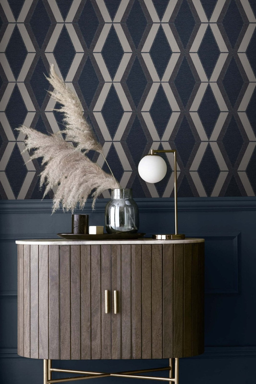 118282-Graham & Brown-Next - Optical Triangle Navy Wallpaper-Decor Warehouse