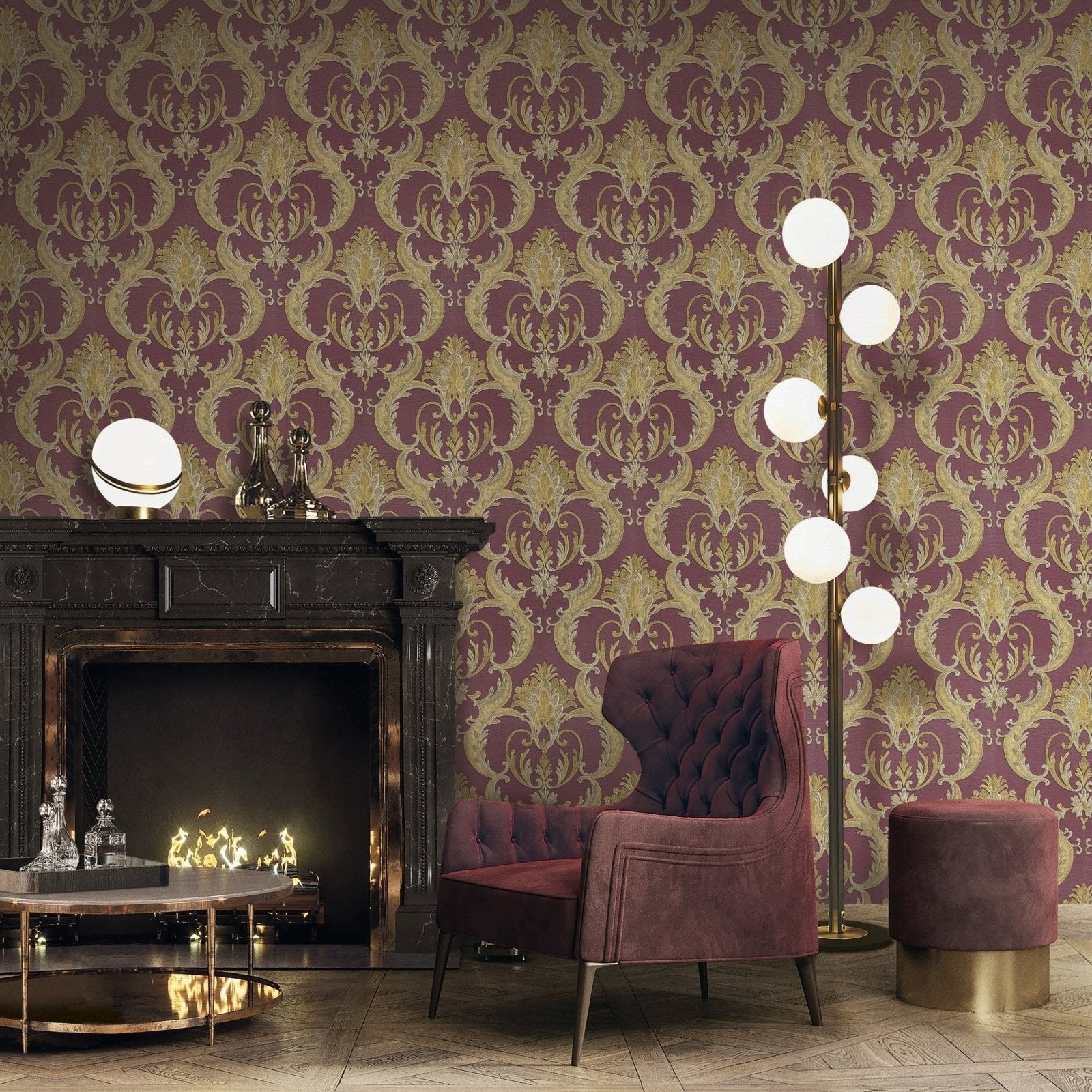 9089-Debona-Perla - Damask Red & Gold Vinyl Wallpaper-Decor Warehouse